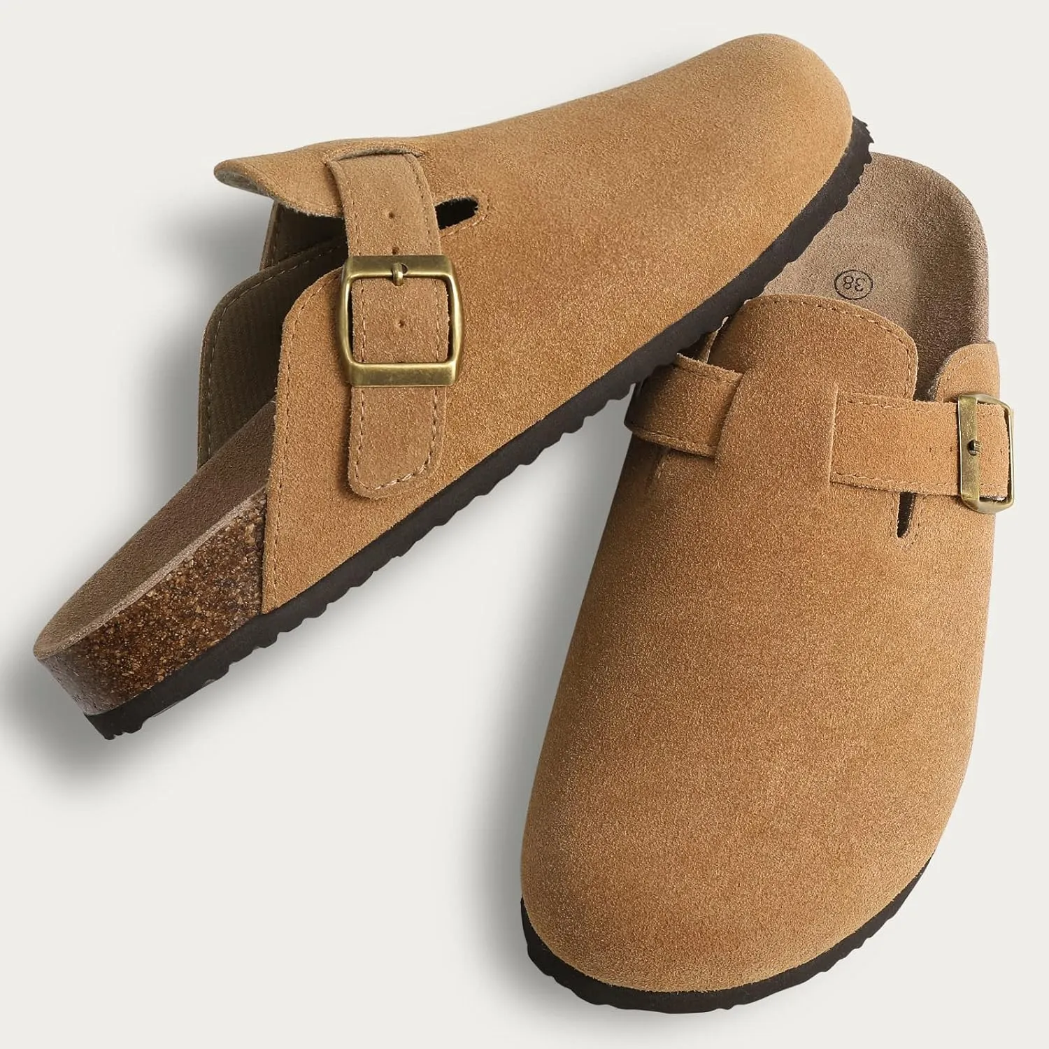 KIDMI Women's Suede Clogs Leather Mules Cork Footbed Sandals Potato Shoes with Arch Support