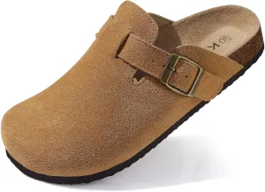 KIDMI Women's Suede Clogs Leather Mules Cork Footbed Sandals Potato Shoes with Arch Support