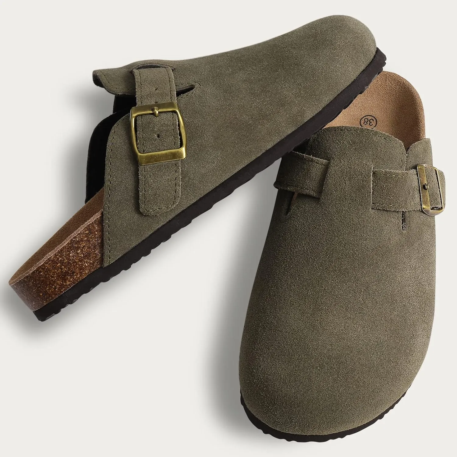 KIDMI Women's Suede Clogs Leather Mules Cork Footbed Sandals Potato Shoes with Arch Support