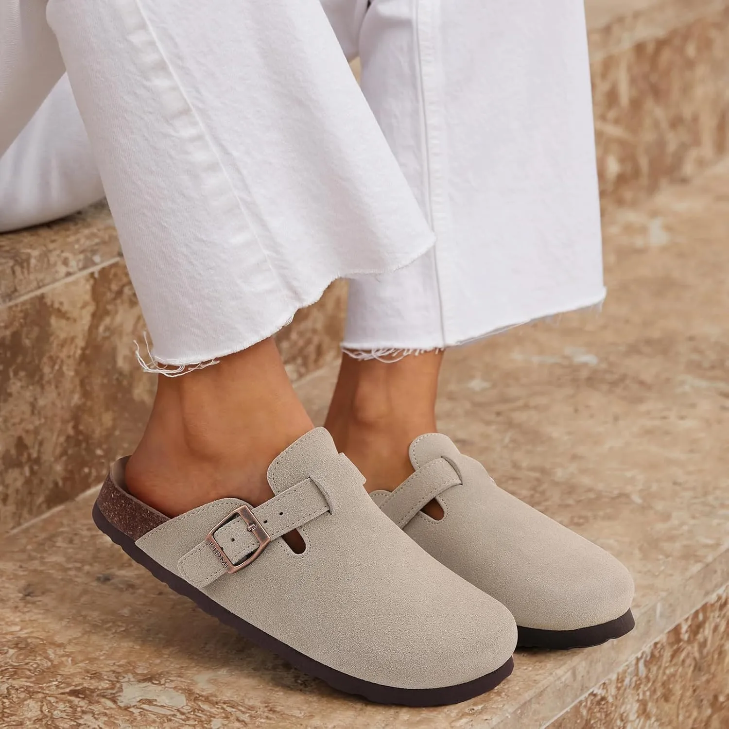 KIDMI Women's Suede Clogs Leather Mules Cork Footbed Sandals Potato Shoes with Arch Support