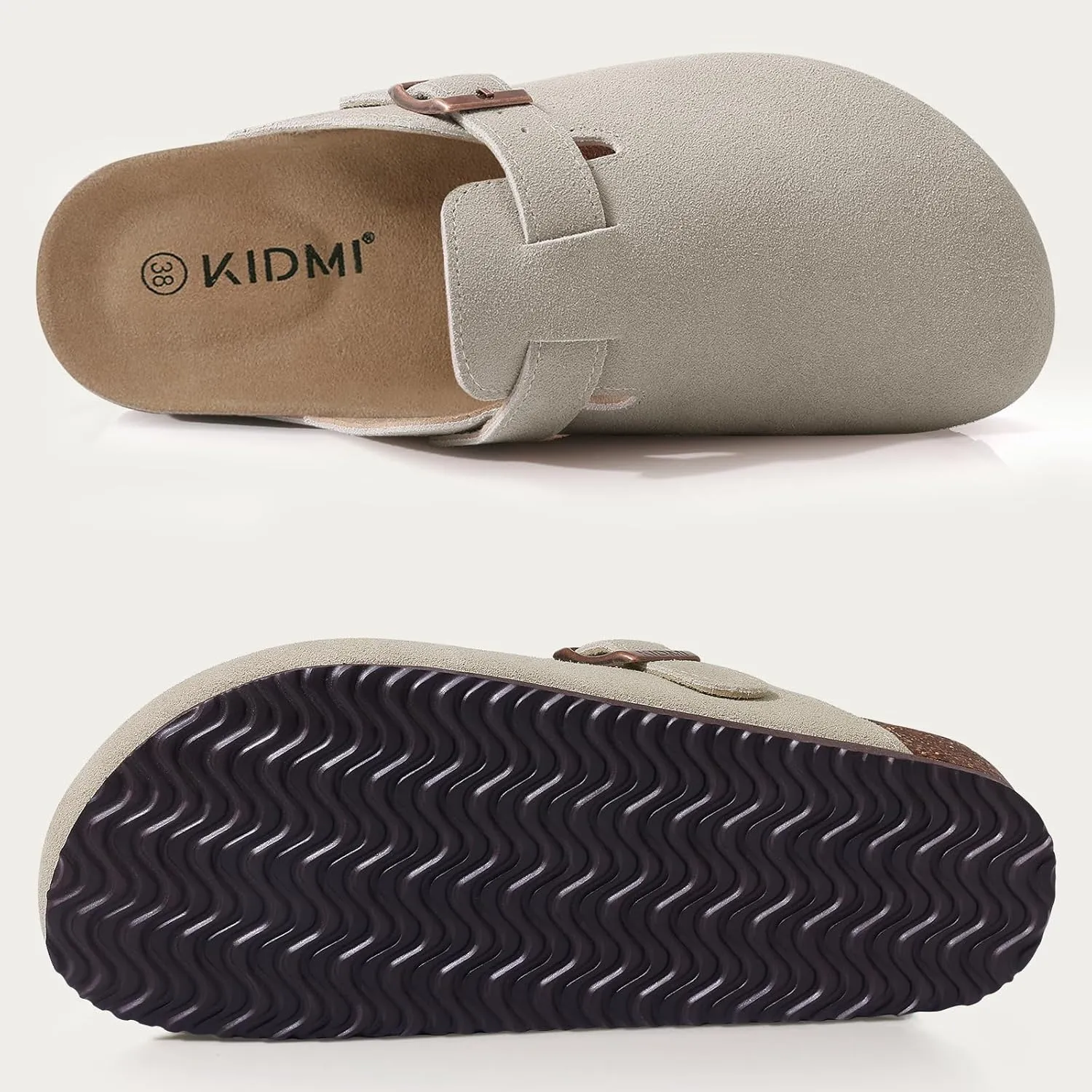 KIDMI Women's Suede Clogs Leather Mules Cork Footbed Sandals Potato Shoes with Arch Support