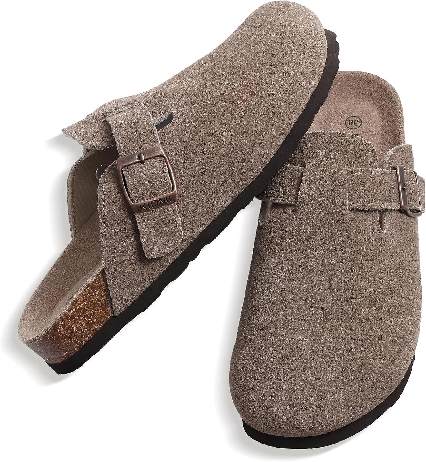 KIDMI Women's Suede Clogs Leather Mules Cork Footbed Sandals Potato Shoes with Arch Support