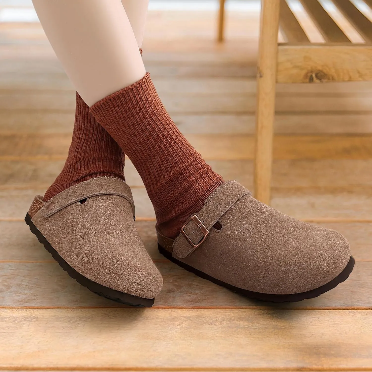 KIDMI Women's Suede Clogs with Adjustable Strap Cork Footbed Leather Mules Slip on Potato Shoes