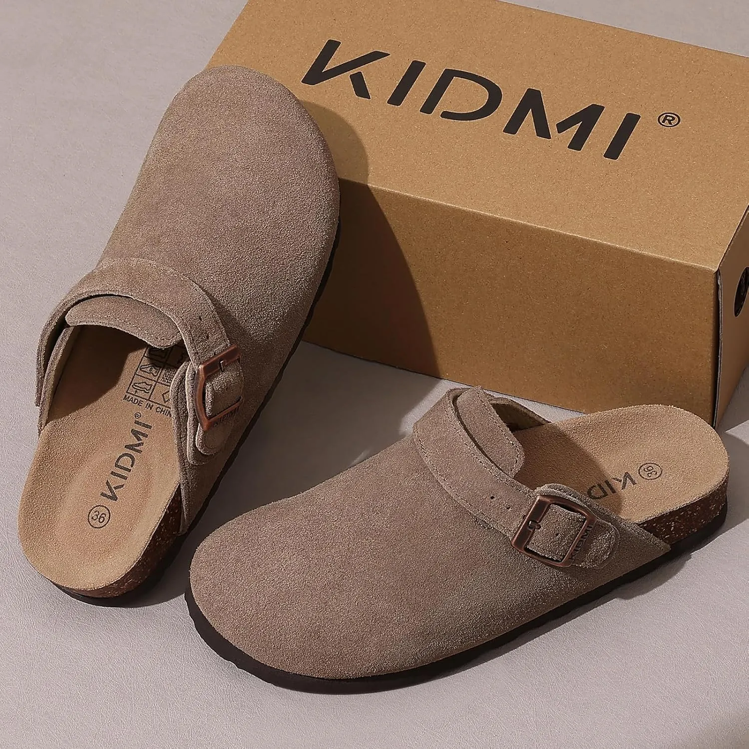KIDMI Women's Suede Clogs with Adjustable Strap Cork Footbed Leather Mules Slip on Potato Shoes