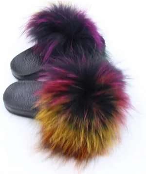 Kids Real Fox Fur Slippers Summer Feather Open Toe Single Strap Slip On Sandals