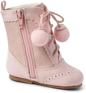 Kids Sienna Patent Unisex Brogue Ankle Boots with Lace-Up & Pom-Pom in 6 Multi Colours