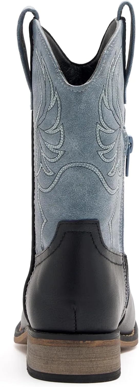 Kids Western Boots for Boys Girls Embroidered Cowgirl Cowboy Boots Square Toe Mid Calf Riding Shoes Little Kid/Big Kid