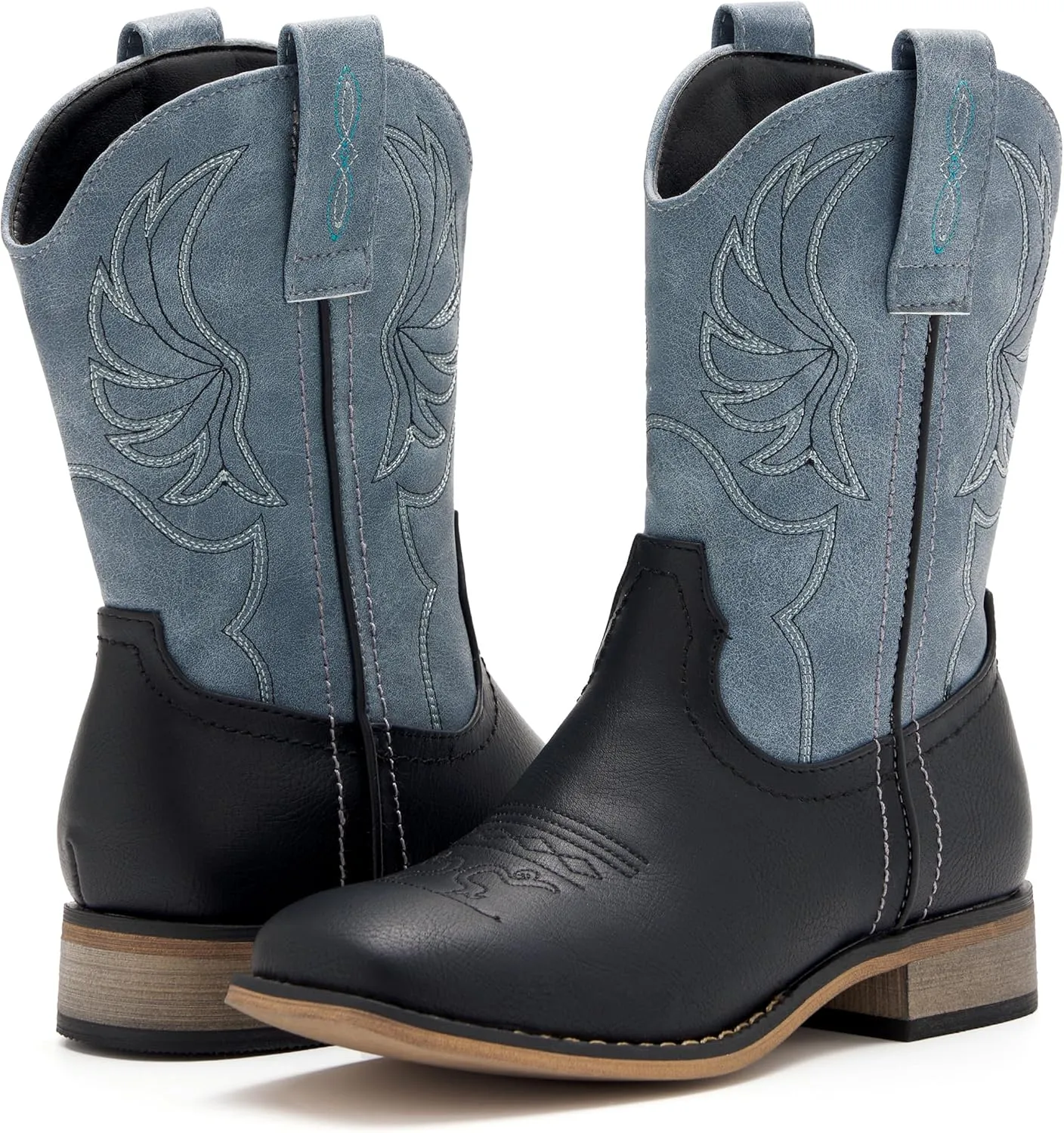 Kids Western Boots for Boys Girls Embroidered Cowgirl Cowboy Boots Square Toe Mid Calf Riding Shoes Little Kid/Big Kid