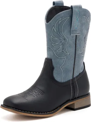 Kids Western Boots for Boys Girls Embroidered Cowgirl Cowboy Boots Square Toe Mid Calf Riding Shoes Little Kid/Big Kid