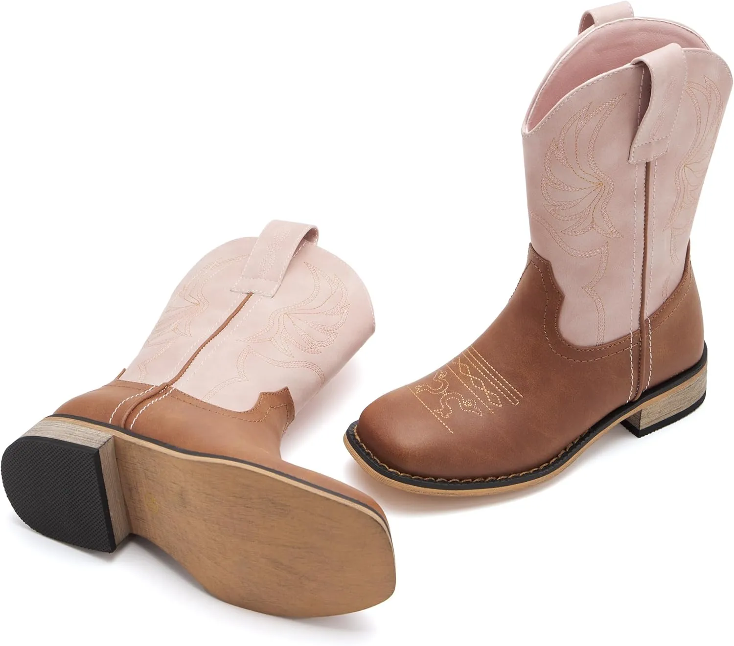Kids Western Boots for Boys Girls Embroidered Cowgirl Cowboy Boots Square Toe Mid Calf Riding Shoes Little Kid/Big Kid