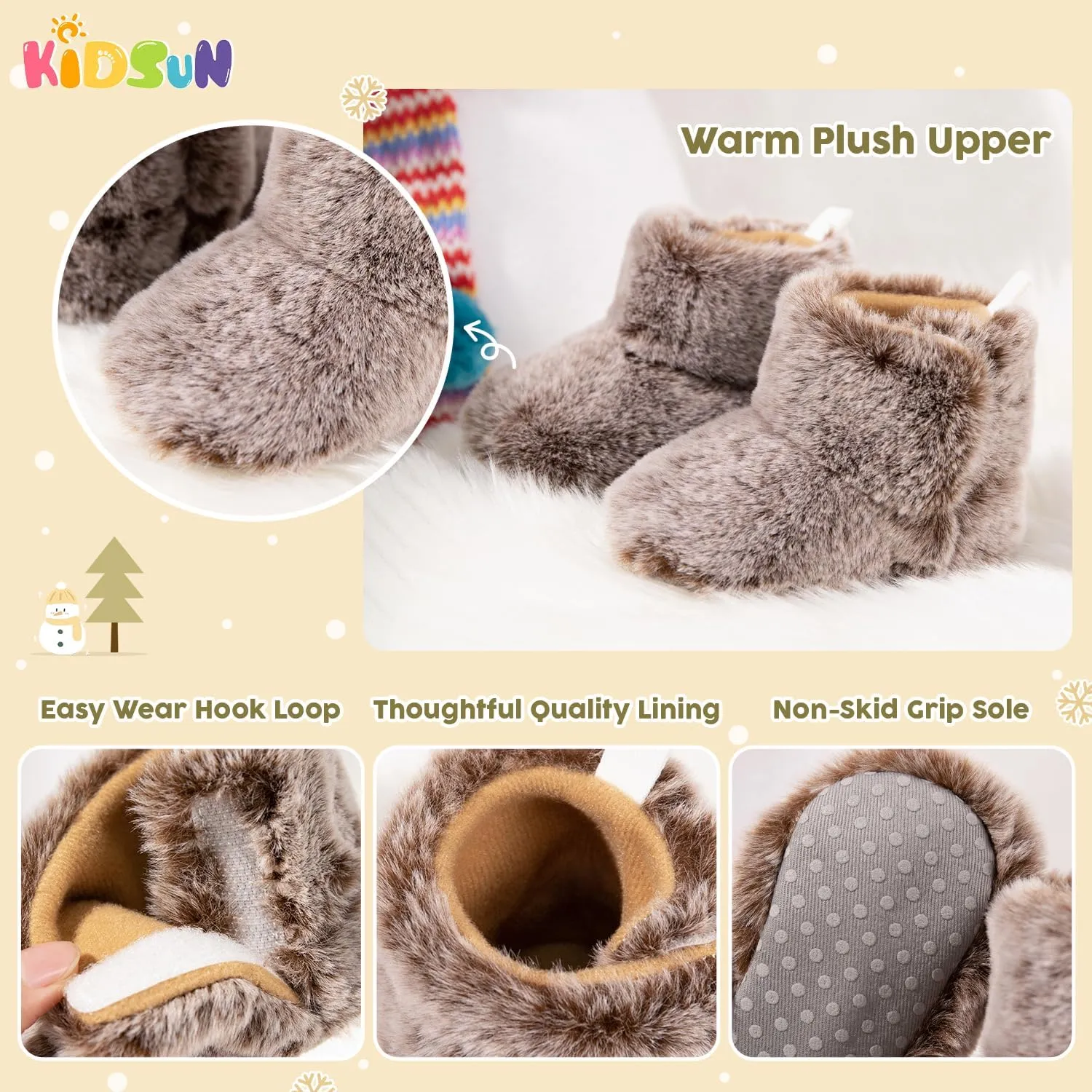 KIDSUN Infant Baby Boy Girl Cozy Fleece Bootie Newborn Stay On Slipper Winter Warm Gripper Non-Slip Crib Shoes