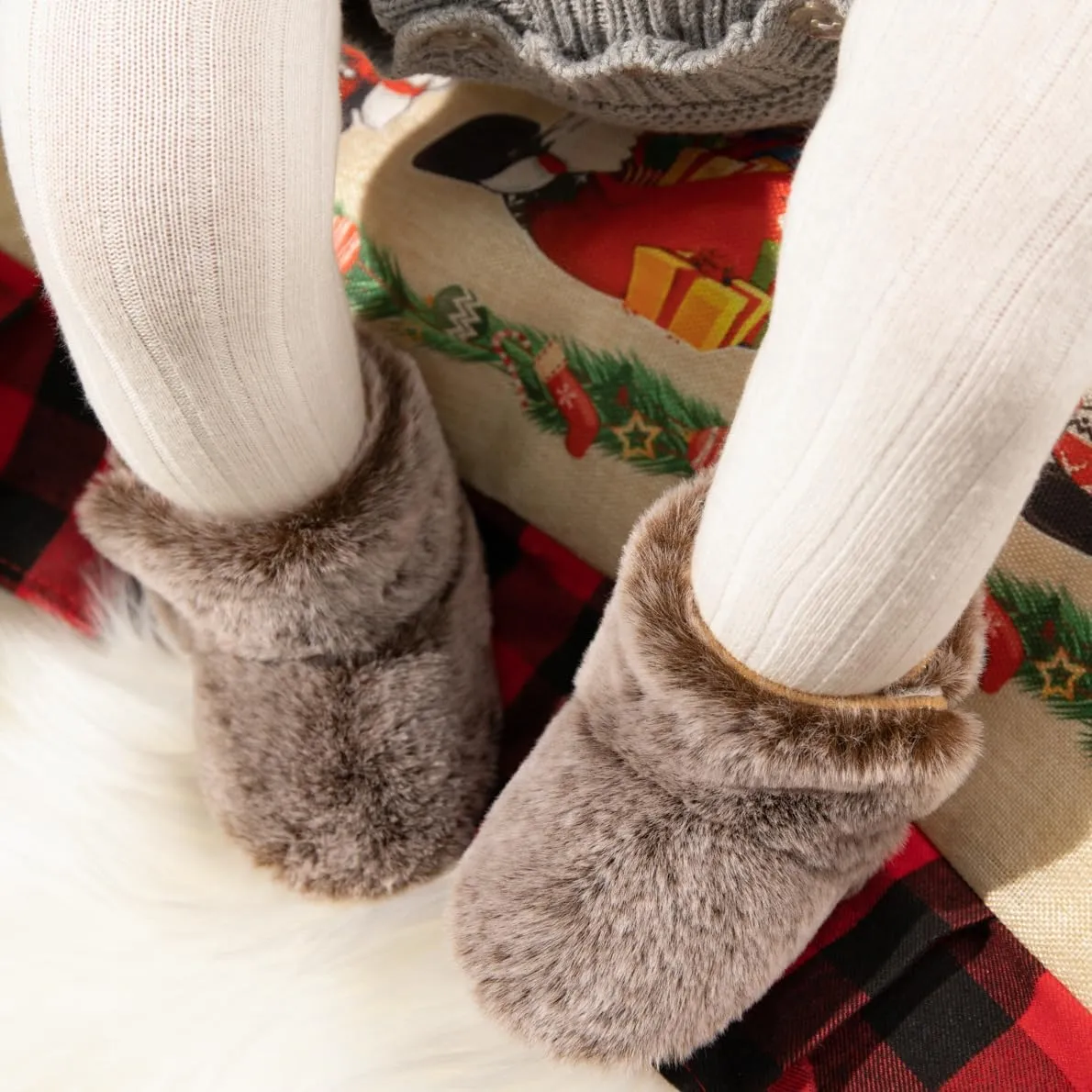 KIDSUN Infant Baby Boy Girl Cozy Fleece Bootie Newborn Stay On Slipper Winter Warm Gripper Non-Slip Crib Shoes