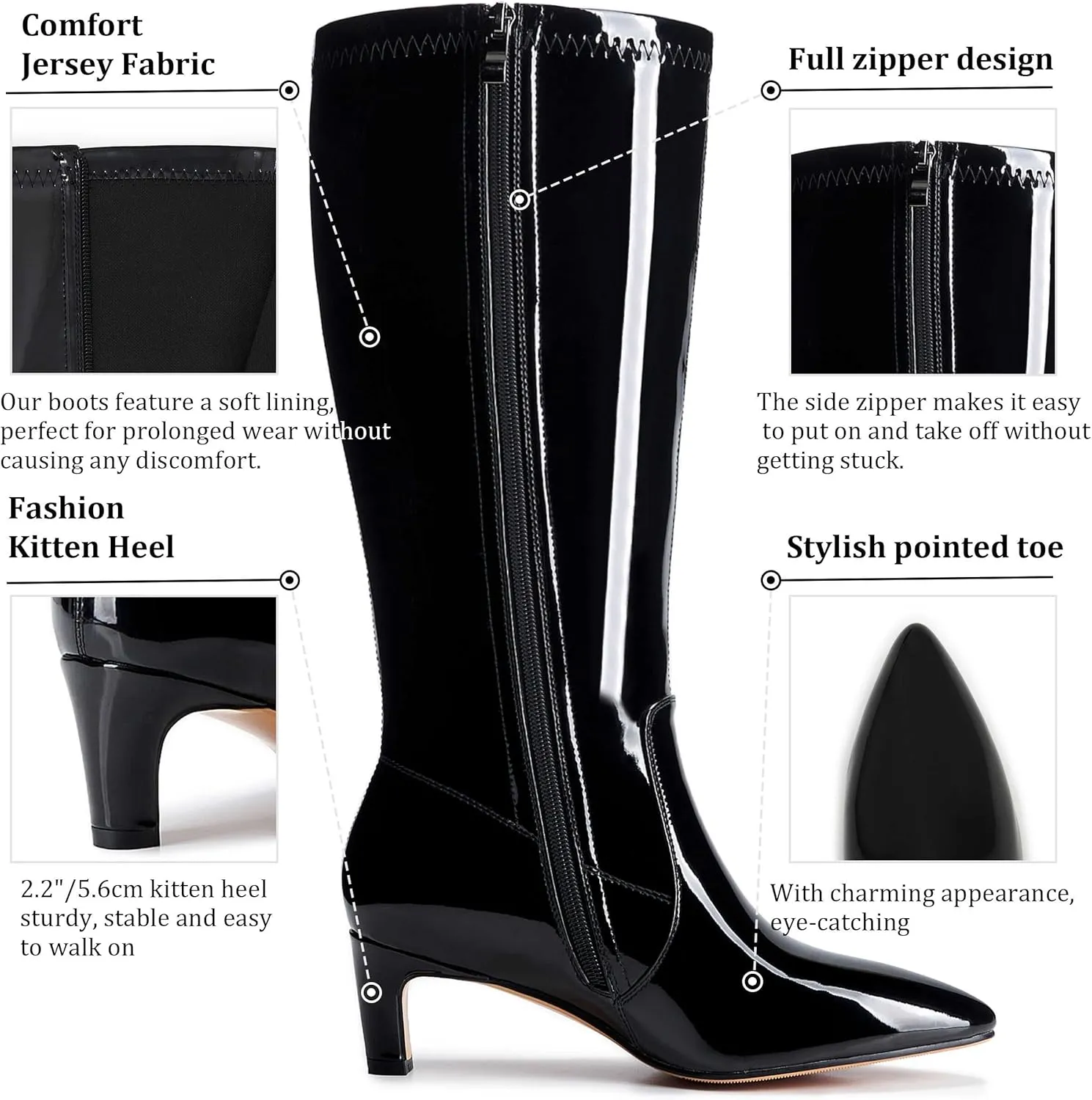 Kitten Heel Boots For Women Knee High Boots Low Heels Wide Calf Pointed Toe Stiletto
