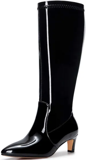 Kitten Heel Boots For Women Knee High Boots Low Heels Wide Calf Pointed Toe Stiletto