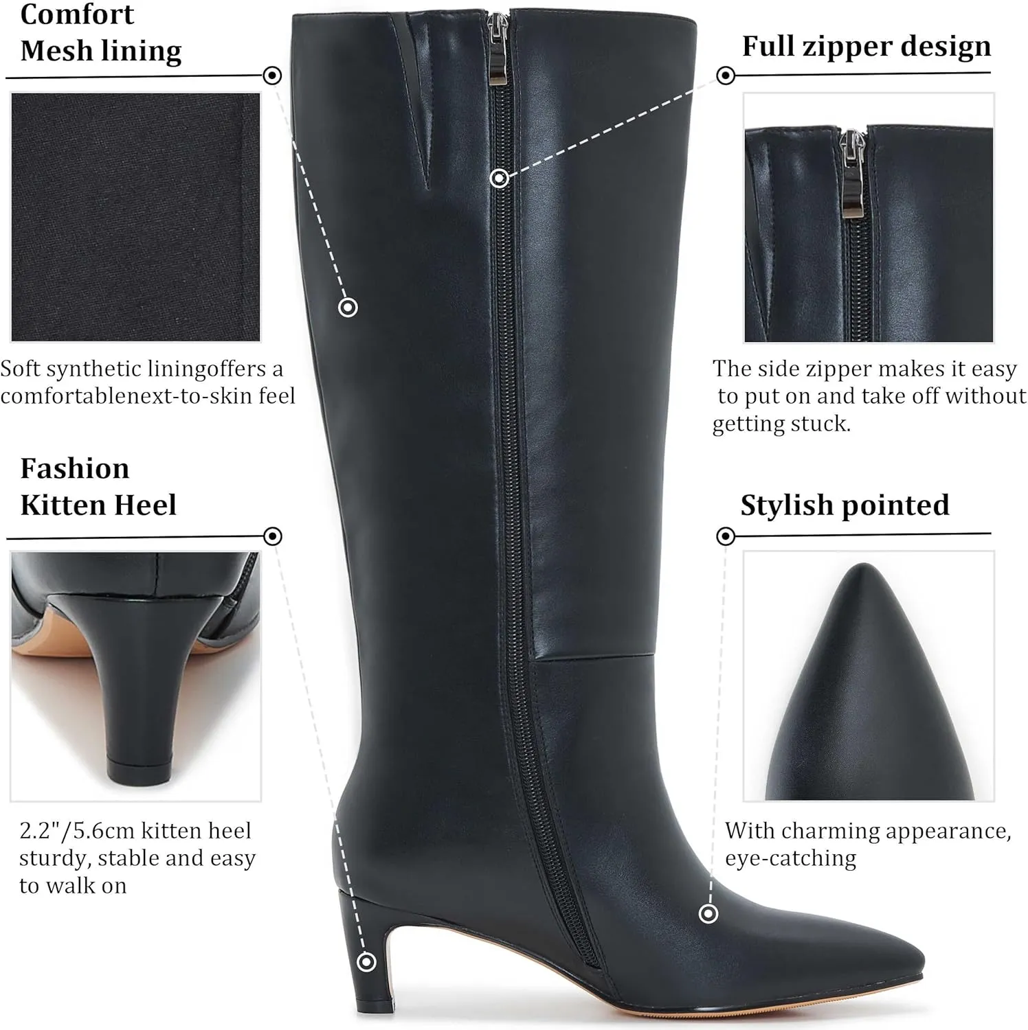 Kitten Heel Boots For Women Knee High Boots Low Heels Wide Calf Pointed Toe Stiletto