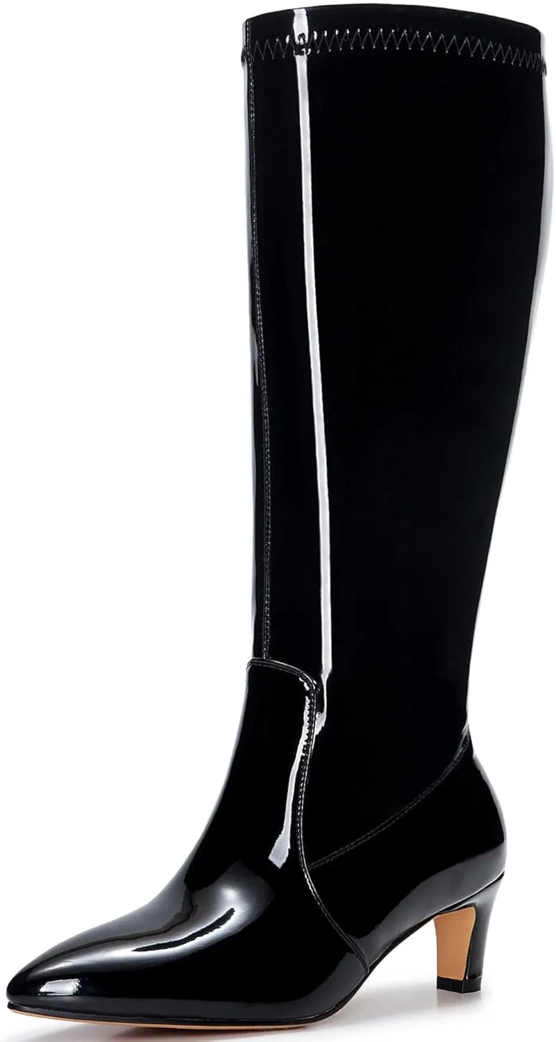 Kitten Heel Boots For Women Knee High Boots Low Heels Wide Calf Pointed Toe Stiletto