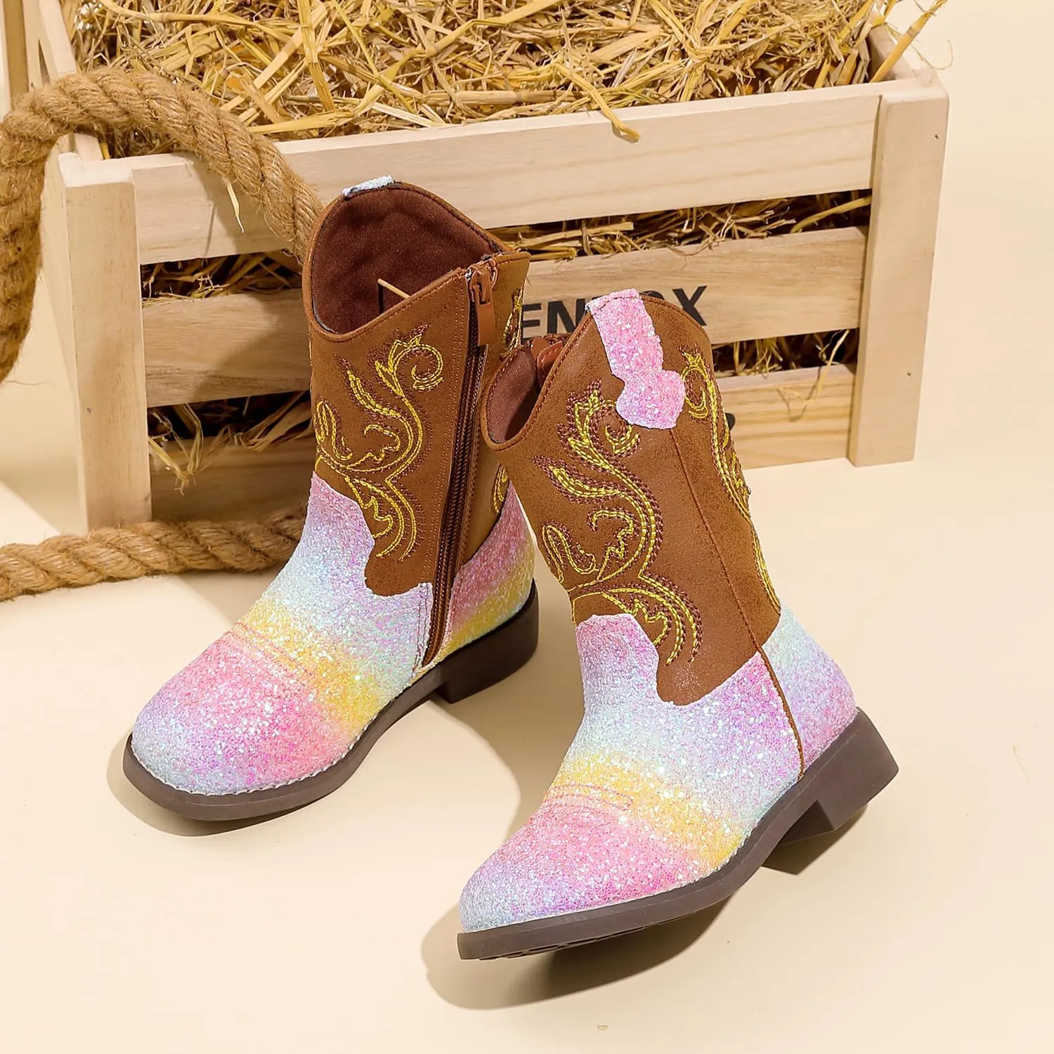 kkdom Cowgirl Boots Cowboy Boots For Girls Boys Kids Fashion Glitter Square Toe Western Boots