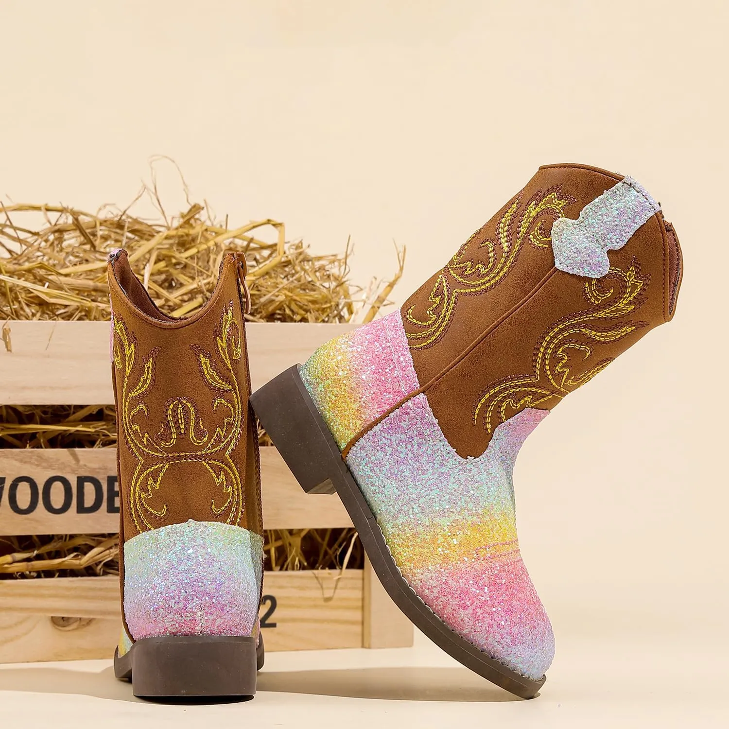 kkdom Cowgirl Boots Cowboy Boots For Girls Boys Kids Fashion Glitter Square Toe Western Boots