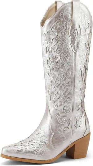 Kluolandi Cowboy Boots for Women Wide Calf Western Knee High Boots with Rhinestone Chunky Heel Embroidered Cowgirl Boots