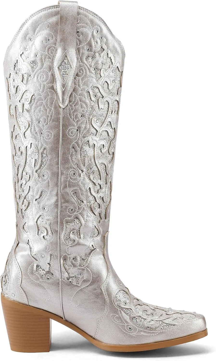 Kluolandi Cowboy Boots for Women Wide Calf Western Knee High Boots with Rhinestone Chunky Heel Embroidered Cowgirl Boots