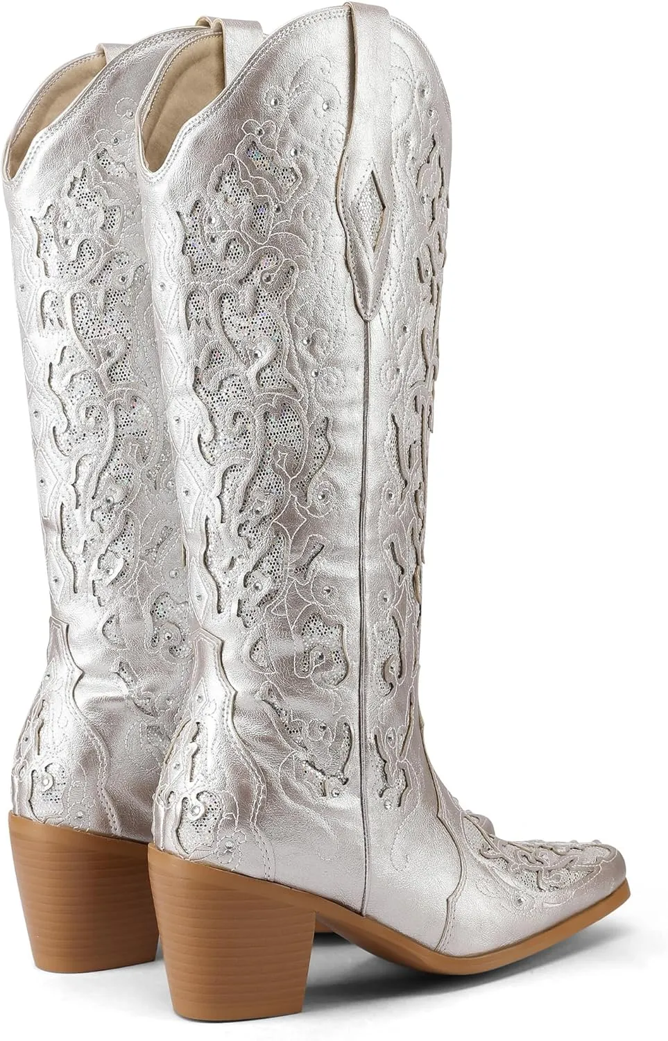 Kluolandi Cowboy Boots for Women Wide Calf Western Knee High Boots with Rhinestone Chunky Heel Embroidered Cowgirl Boots