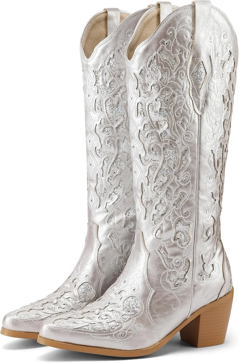 Kluolandi Cowboy Boots for Women Wide Calf Western Knee High Boots with Rhinestone Chunky Heel Embroidered Cowgirl Boots