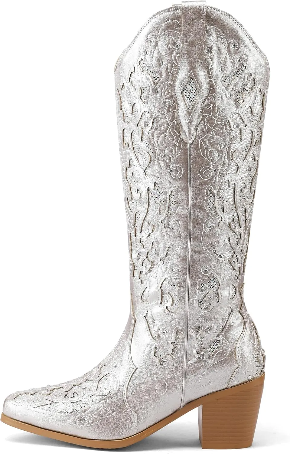 Kluolandi Cowboy Boots for Women Wide Calf Western Knee High Boots with Rhinestone Chunky Heel Embroidered Cowgirl Boots