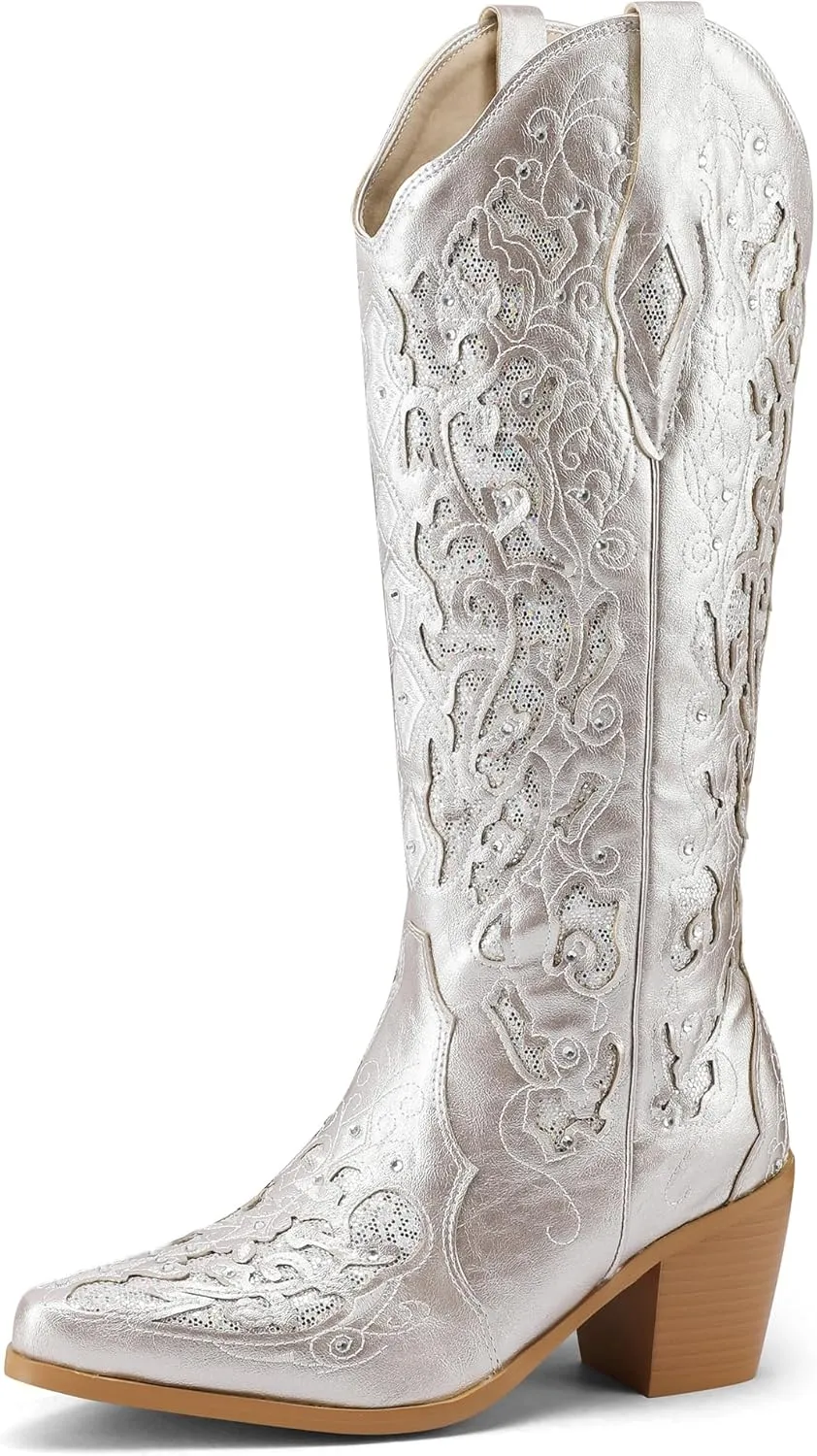 Kluolandi Cowboy Boots for Women Wide Calf Western Knee High Boots with Rhinestone Chunky Heel Embroidered Cowgirl Boots