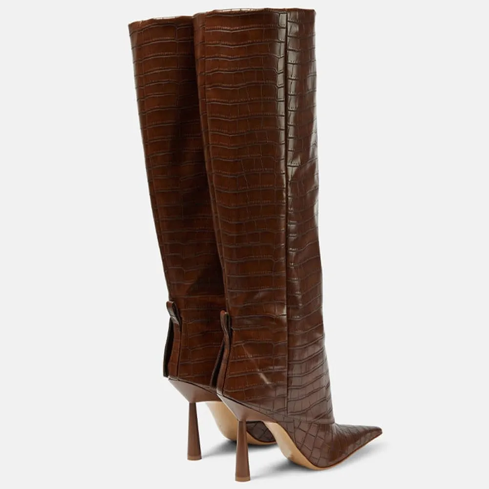 Kluolandi Women's Crocodile Knee High Boots Stiletto High Heel Fold Over Boots Sexy Pointed Toe Pull On Tall Boots