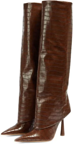 Kluolandi Women's Crocodile Knee High Boots Stiletto High Heel Fold Over Boots Sexy Pointed Toe Pull On Tall Boots