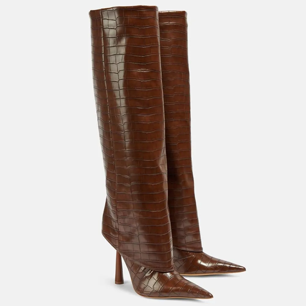Kluolandi Women's Crocodile Knee High Boots Stiletto High Heel Fold Over Boots Sexy Pointed Toe Pull On Tall Boots