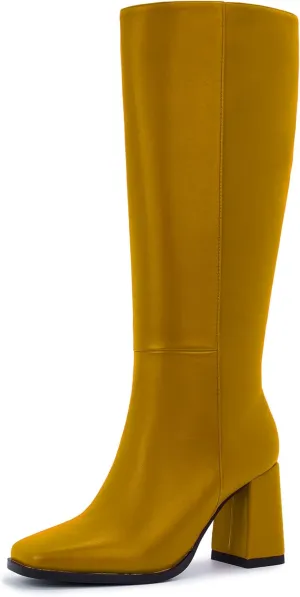 Knee-High Boots for Women - Wide Calf Boot Long with Zipper Square Toe Tall Leather Chunky Heel Fashion