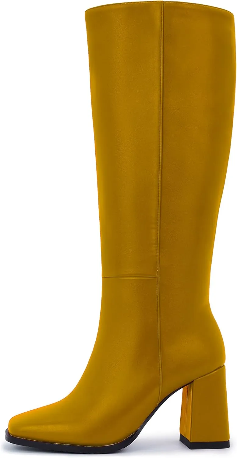 Knee-High Boots for Women - Wide Calf Boot Long with Zipper Square Toe Tall Leather Chunky Heel Fashion