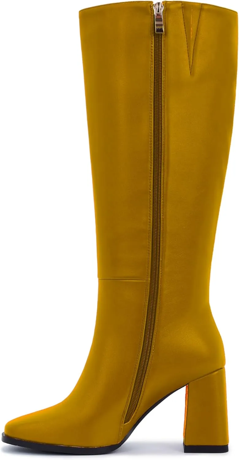 Knee-High Boots for Women - Wide Calf Boot Long with Zipper Square Toe Tall Leather Chunky Heel Fashion