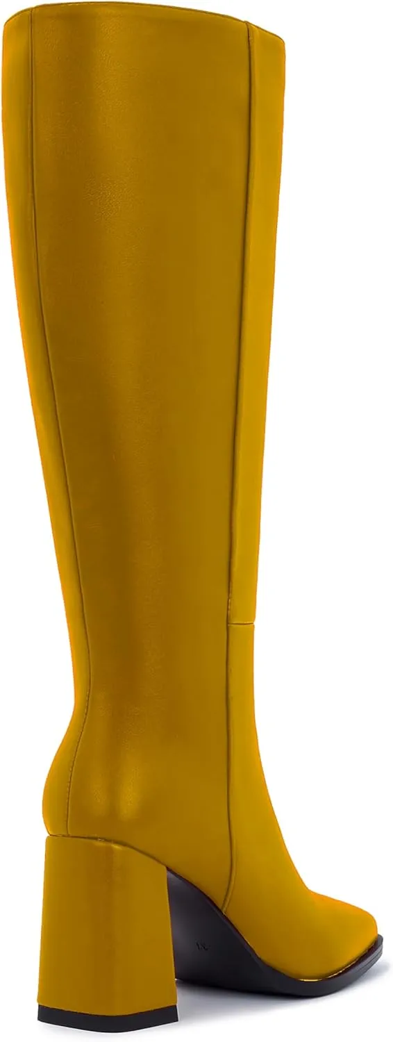 Knee-High Boots for Women - Wide Calf Boot Long with Zipper Square Toe Tall Leather Chunky Heel Fashion