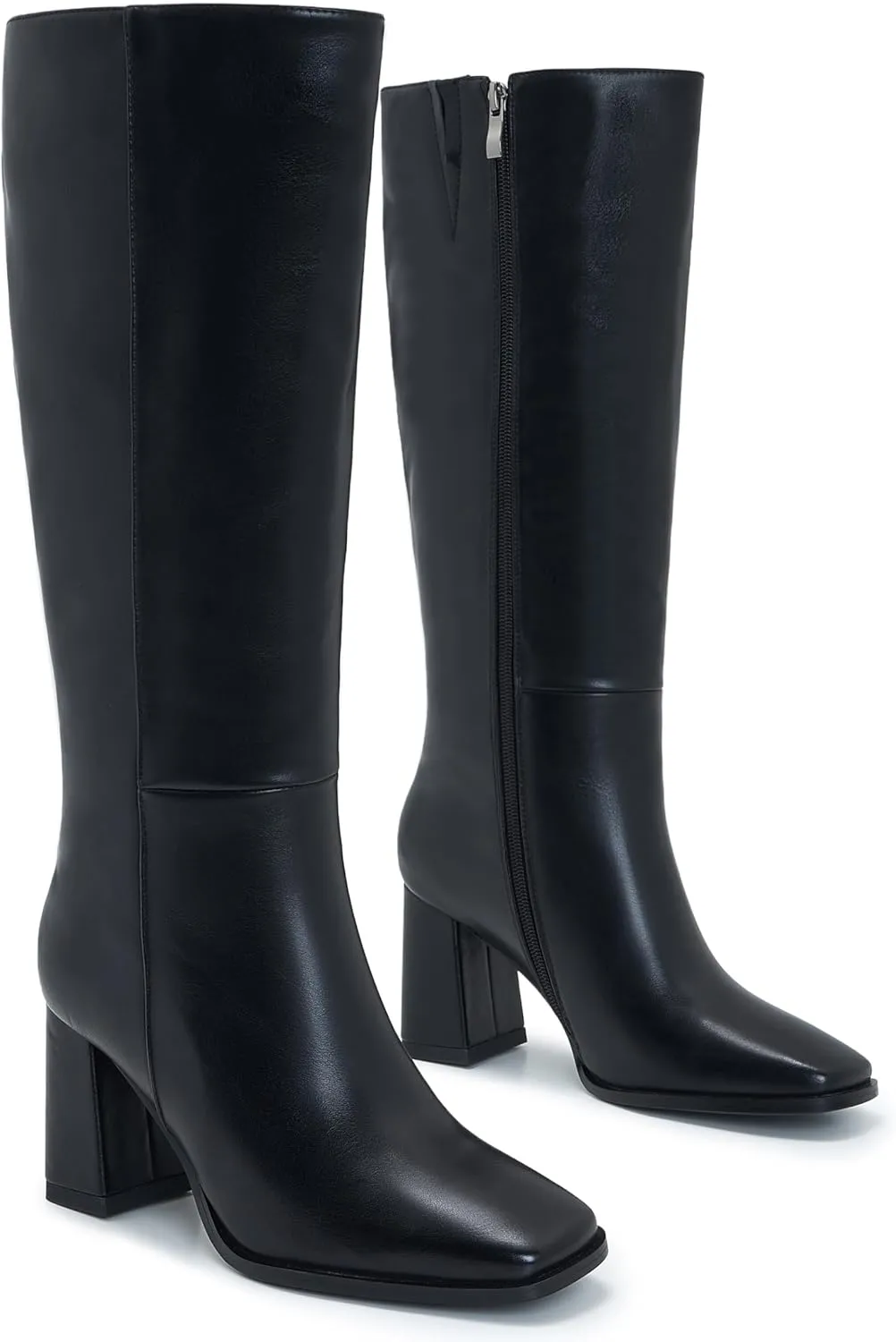 Knee-High Boots for Women - Wide Calf Boots with Zipper, Square Toe Tall Leather Boots, Chunky Heel Fashion Long Boots