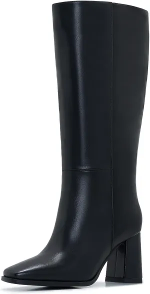 Knee-High Boots for Women - Wide Calf Boots with Zipper, Square Toe Tall Leather Boots, Chunky Heel Fashion Long Boots