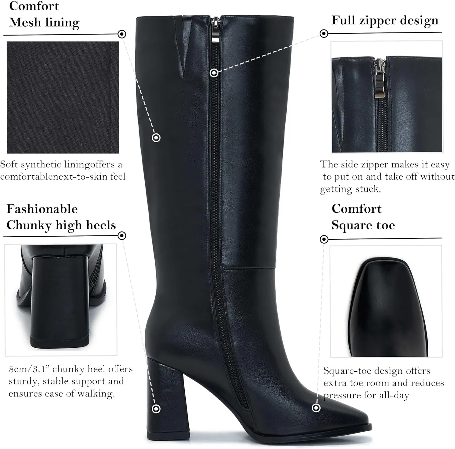 Knee-High Boots for Women - Wide Calf Boots with Zipper, Square Toe Tall Leather Boots, Chunky Heel Fashion Long Boots