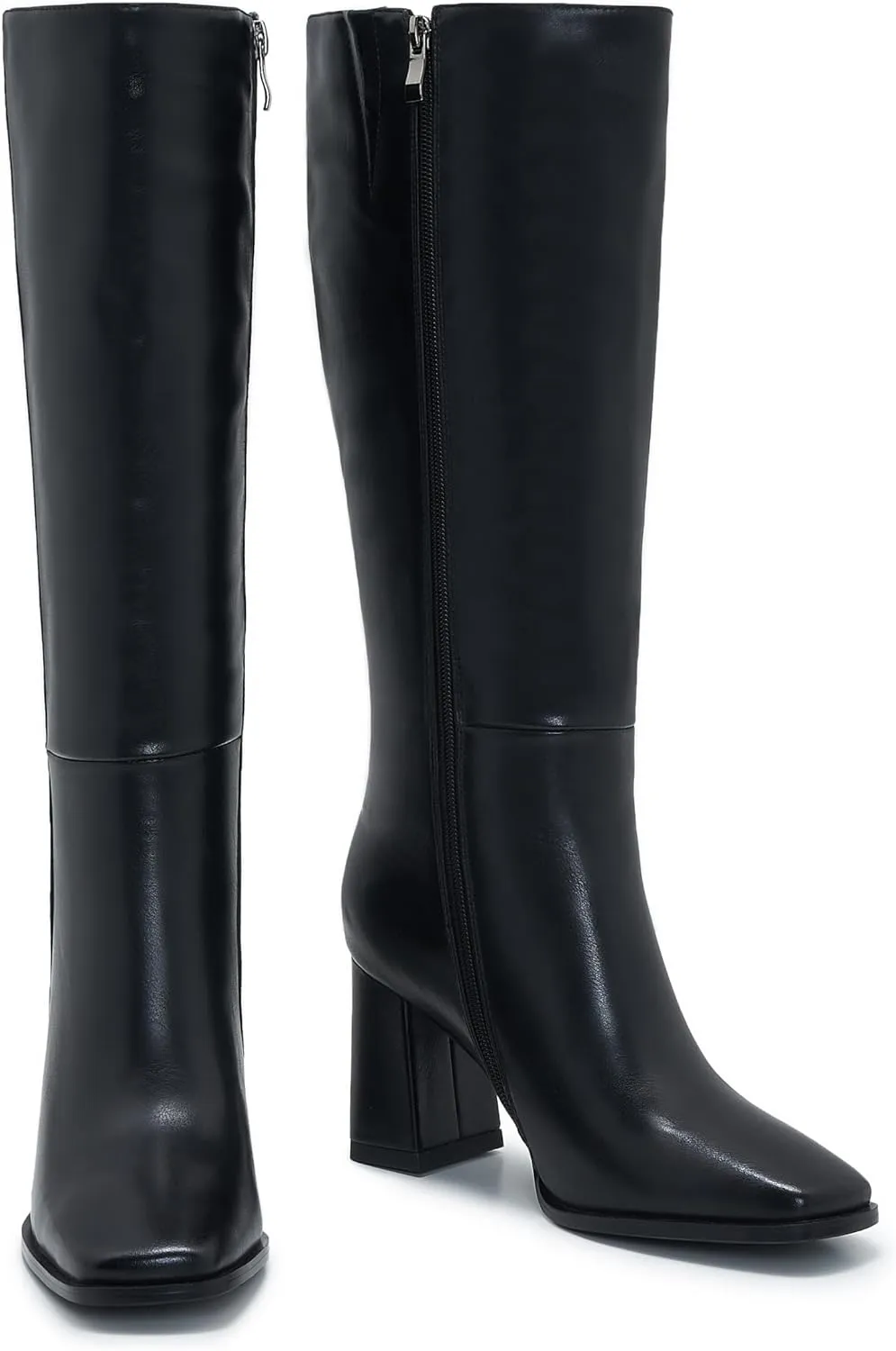 Knee-High Boots for Women - Wide Calf Boots with Zipper, Square Toe Tall Leather Boots, Chunky Heel Fashion Long Boots