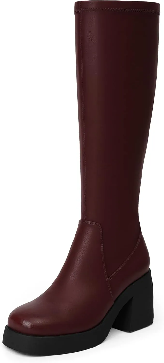Knee High Boots Women Square Toe Elastic Boots Platform Chunky Heel Stretchy Tall Boots Side Zipper Fashion Dress Long Boots