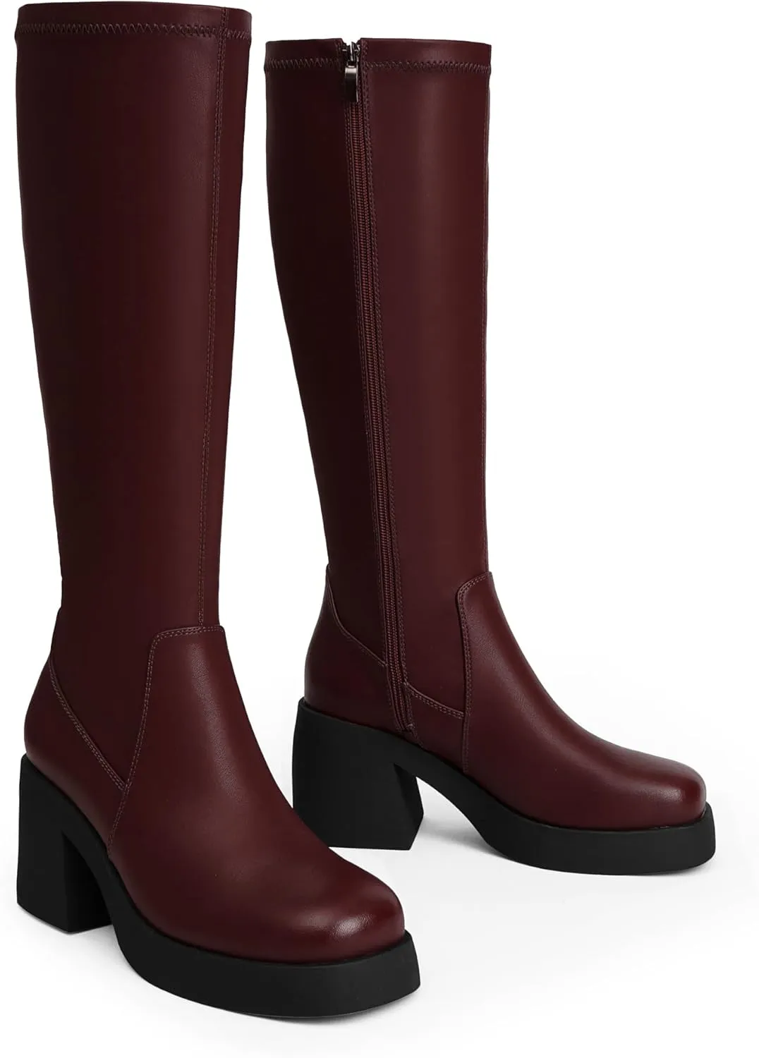 Knee High Boots Women Square Toe Elastic Boots Platform Chunky Heel Stretchy Tall Boots Side Zipper Fashion Dress Long Boots