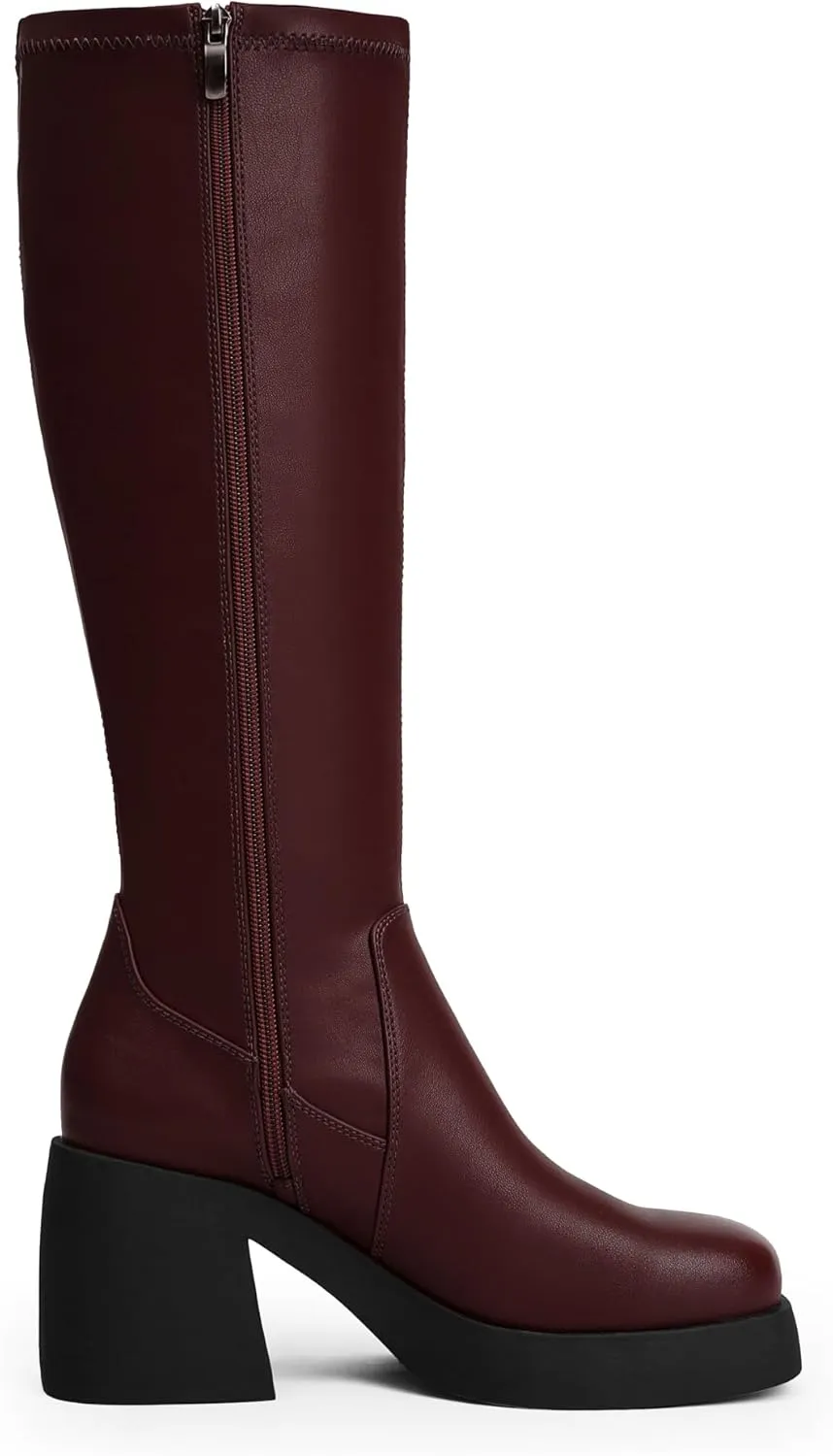 Knee High Boots Women Square Toe Elastic Boots Platform Chunky Heel Stretchy Tall Boots Side Zipper Fashion Dress Long Boots