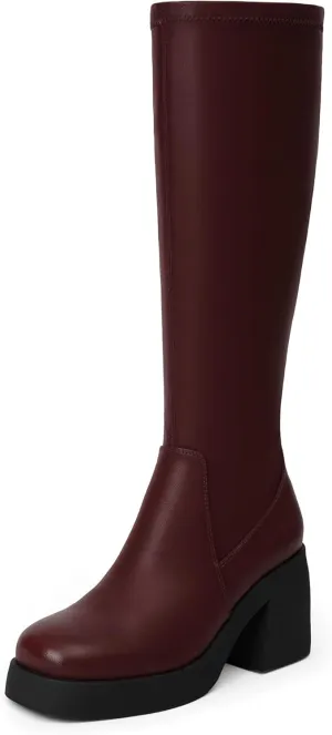 Knee High Boots Women Square Toe Elastic Boots Platform Chunky Heel Stretchy Tall Boots Side Zipper Fashion Dress Long Boots