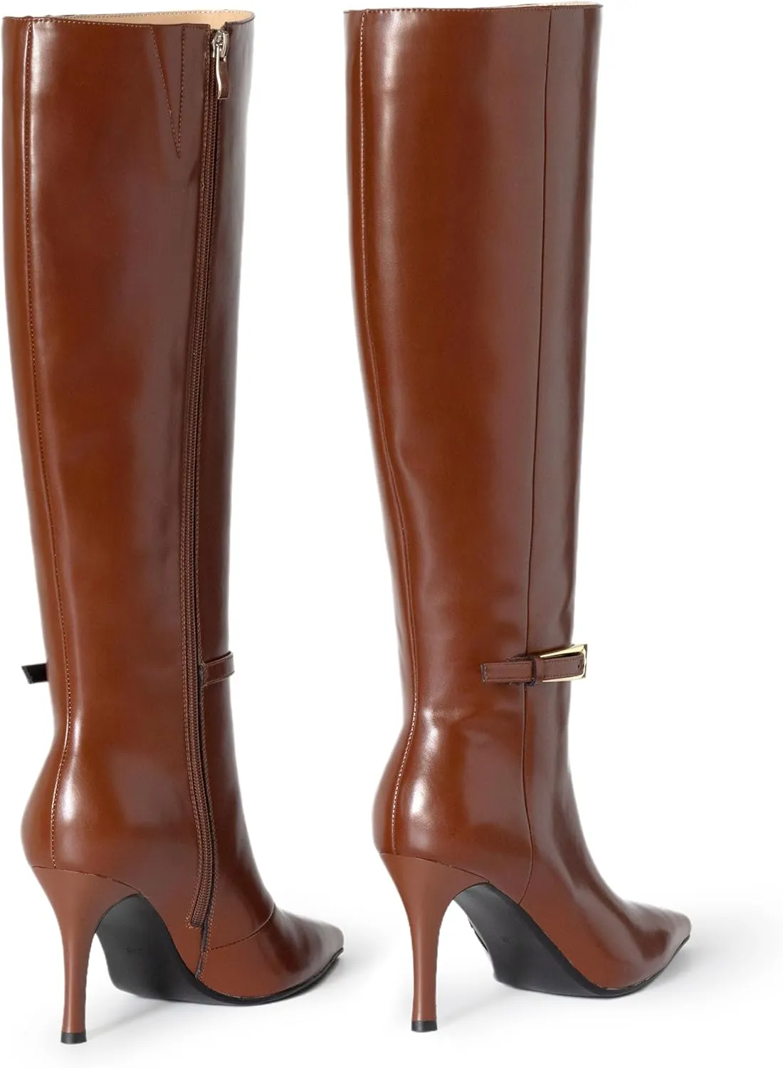 Knee High Boots Women Stiletto High Heel 3.3in, Side Zipper Pointed Toe Metal Buckle Tall Boots Dress Boots for Women, Comfortable Faux Leather Below the Knee Long Boots