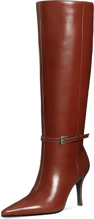 Knee High Boots Women Stiletto High Heel 3.3in, Side Zipper Pointed Toe Metal Buckle Tall Boots Dress Boots for Women, Comfortable Faux Leather Below the Knee Long Boots