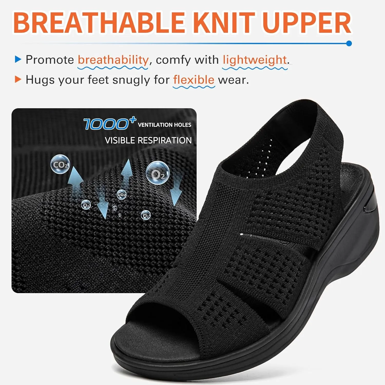 KOIMED Women's Comfortable Platform Walking Sandals With Memory Foam Open Toe Lightweight Breathable Soft Mesh Washable For Summer Travel Casual Beach Outdoor Sport