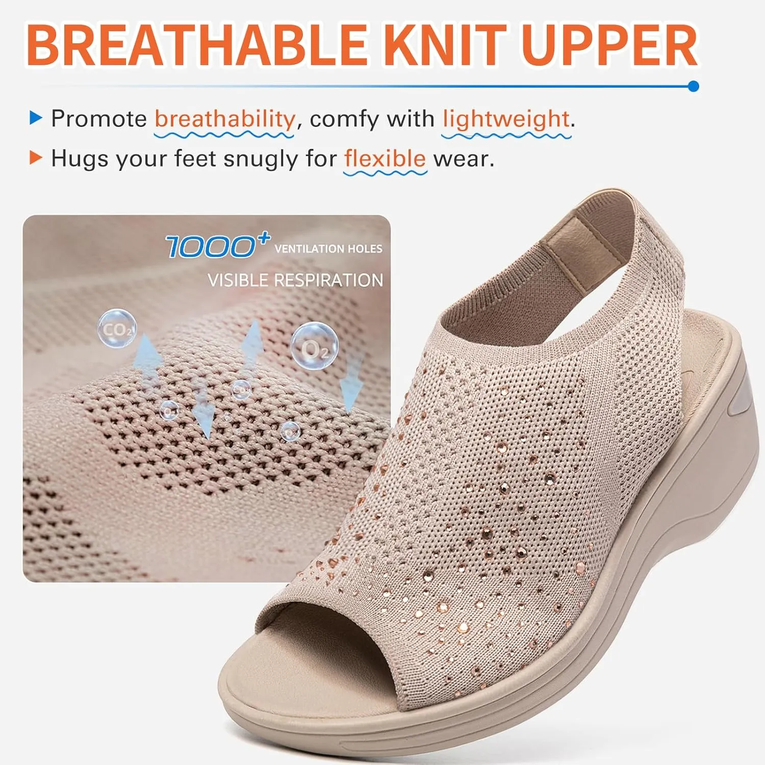 KOIMED Women's Comfortable Platform Walking Sandals With Memory Foam Open Toe Lightweight Breathable Soft Mesh Washable For Summer Travel Casual Beach Outdoor Sport