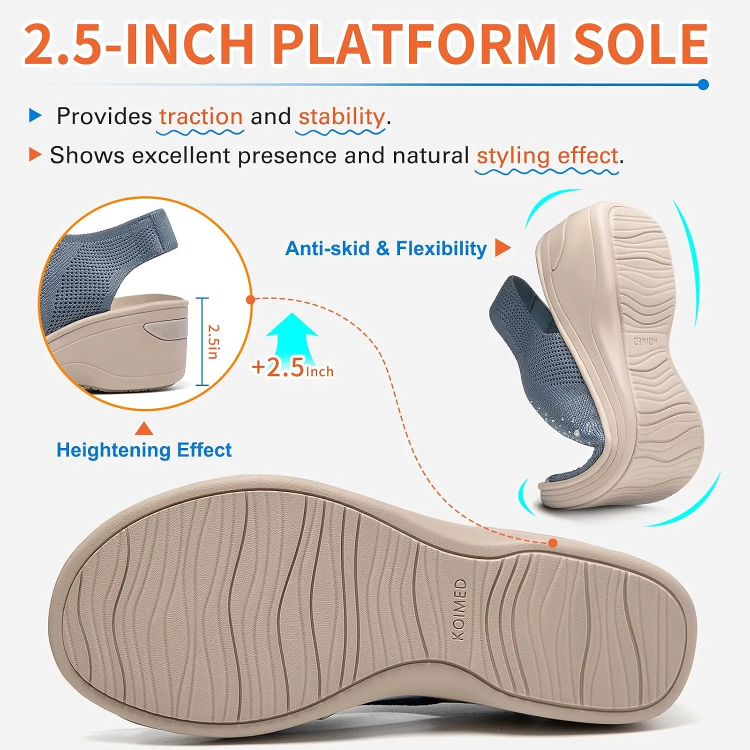 KOIMED Women's Comfortable Platform Walking Sandals With Memory Foam Open Toe Lightweight Breathable Soft Mesh Washable For Summer Travel Casual Beach Outdoor Sport