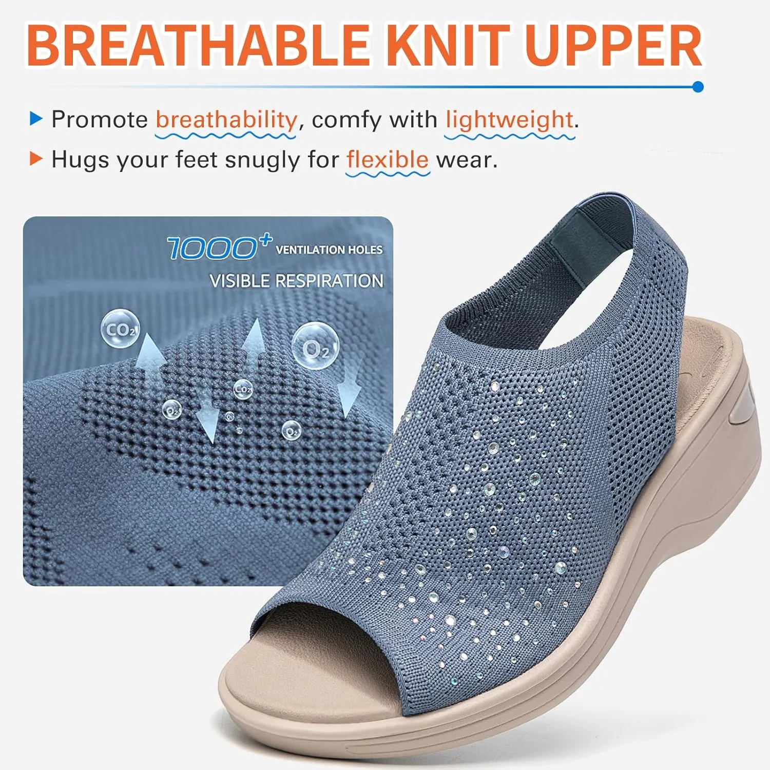 KOIMED Women's Comfortable Platform Walking Sandals With Memory Foam Open Toe Lightweight Breathable Soft Mesh Washable For Summer Travel Casual Beach Outdoor Sport