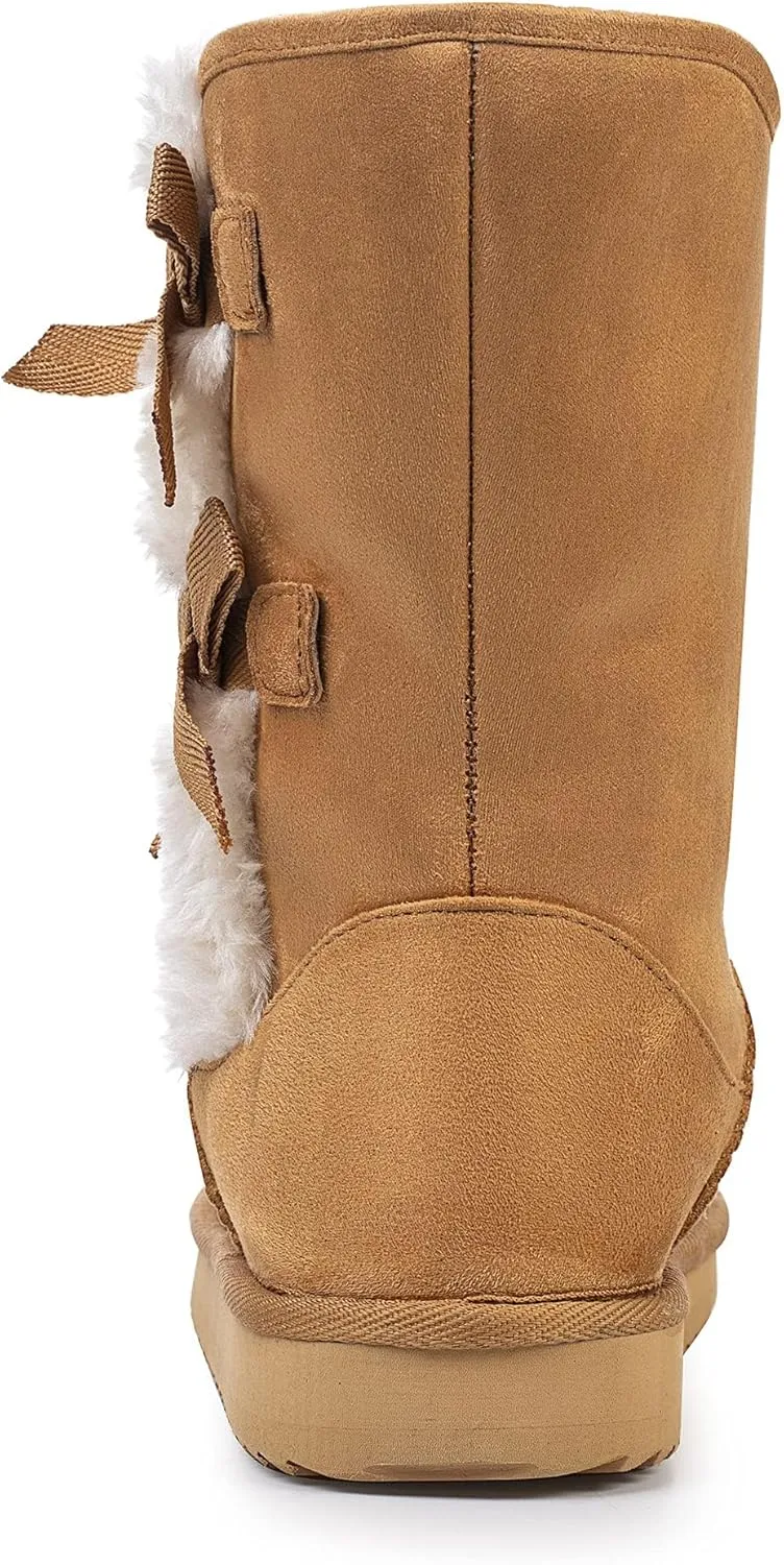 KRABOR Womens Suede Snow Boots Mid-Calf Winter Shoes with Side Bows